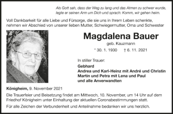 Traueranzeige von Magdalena Bauer von Fränkische Nachrichten