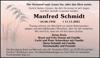 Traueranzeige von Manfred Schmidt von Mannheimer Morgen