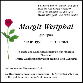 Traueranzeige von Margit Westphal von Mannheimer Morgen