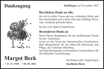 Traueranzeige von Margot Beck von Fränkische Nachrichten