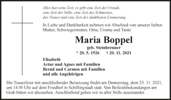 Traueranzeige von Maria Boppel von Fränkische Nachrichten