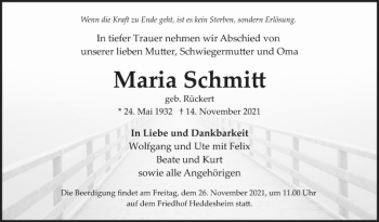 Traueranzeige von Maria Schmitt von Mannheimer Morgen