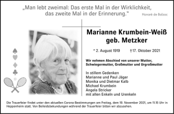 Traueranzeige von Marianne Krumbein-Weiß von Bergsträßer Anzeiger