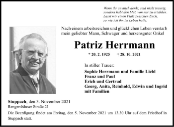 Traueranzeige von Patriz Herrmann von Fränkische Nachrichten