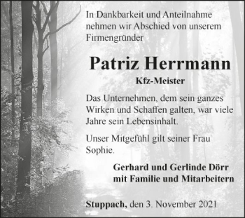 Traueranzeige von Patriz Herrmann von Fränkische Nachrichten