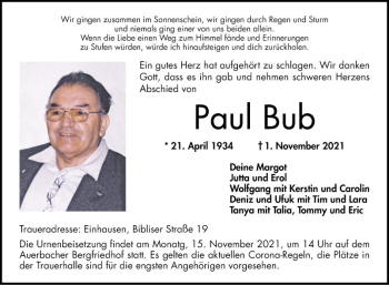 Traueranzeige von Paul Bub von Bergsträßer Anzeiger