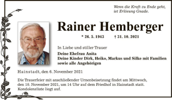 Traueranzeige von Rainer Hemberger von Fränkische Nachrichten