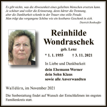 Traueranzeige von Reinhilde Wondraschek von Fränkische Nachrichten