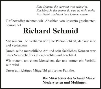 Traueranzeige von Richard Schmid von Fränkische Nachrichten