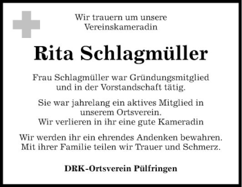 Traueranzeige von Rita Schlagmüller von Fränkische Nachrichten