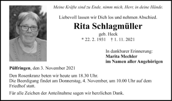 Traueranzeige von Rita Schlagmüller von Fränkische Nachrichten