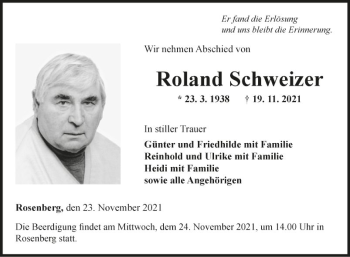 Traueranzeige von Roland Schweizer von Fränkische Nachrichten