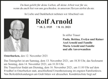 Traueranzeige von Rolf Arnold von Fränkische Nachrichten