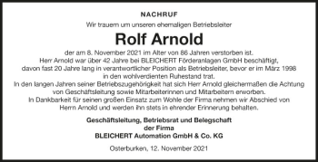 Traueranzeige von Rolf Arnold von Fränkische Nachrichten