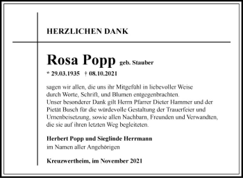 Traueranzeige von Rosa Popp von Fränkische Nachrichten