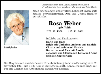 Traueranzeige von Rosa Weber von Fränkische Nachrichten