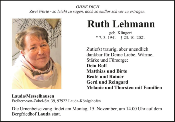 Traueranzeige von Ruth Lehmann von Fränkische Nachrichten