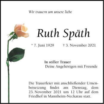 Traueranzeige von Ruth Späth von Mannheimer Morgen