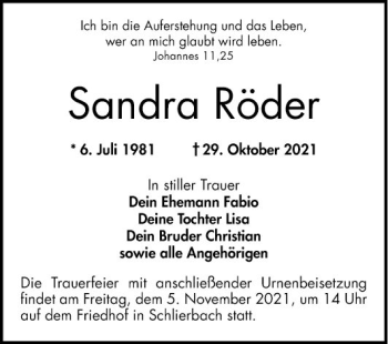 Traueranzeige von Sandra Röder von Bergsträßer Anzeiger