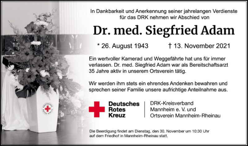  Traueranzeige für Siegfried Adam vom 27.11.2021 aus Mannheimer Morgen