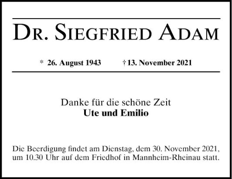  Traueranzeige für Siegfried Adam vom 20.11.2021 aus Mannheimer Morgen