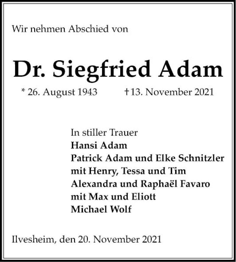  Traueranzeige für Siegfried Adam vom 20.11.2021 aus Mannheimer Morgen
