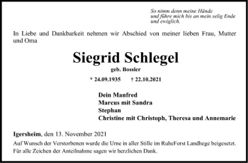 Traueranzeige von Siegrid Schlegel von Fränkische Nachrichten