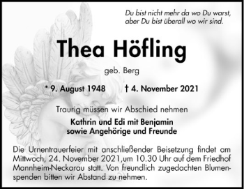 Traueranzeige von Thea Höfling von Mannheimer Morgen