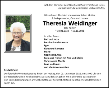 Traueranzeige von Theresia Weidinger von Fränkische Nachrichten