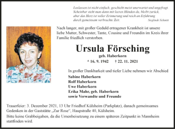 Traueranzeige von Ursula Försching von Fränkische Nachrichten