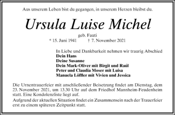 Traueranzeige von Ursula Luise Michel von Mannheimer Morgen