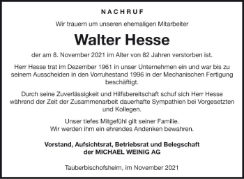 Traueranzeige von Walter Hesse von Fränkische Nachrichten