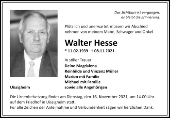 Traueranzeige von Walter Hesse von Fränkische Nachrichten