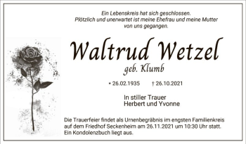 Traueranzeige von Waltraud Wetzel von Mannheimer Morgen