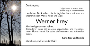Traueranzeige von Werner Frey von Mannheimer Morgen