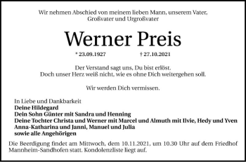 Traueranzeige von Werner Preis von Mannheimer Morgen