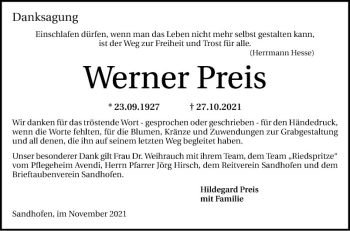 Traueranzeige von Werner Preis von Mannheimer Morgen