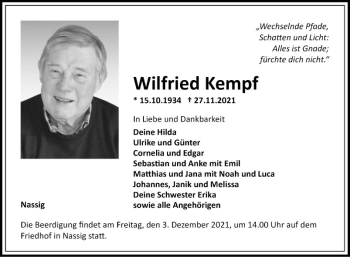 Traueranzeigen von Wilfried Kempf | Trauerportal Ihrer Tageszeitung