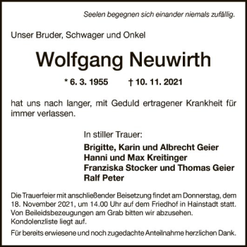 Traueranzeige von Wolfgang Neuwirth von Fränkische Nachrichten