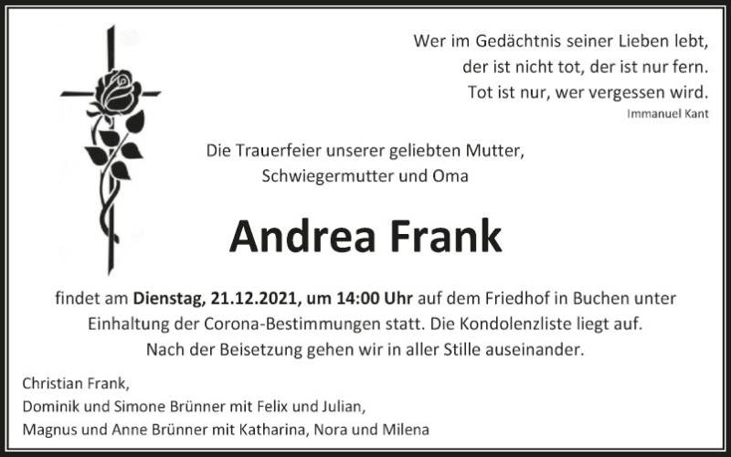  Traueranzeige für Andrea Frank vom 18.12.2021 aus Fränkische Nachrichten