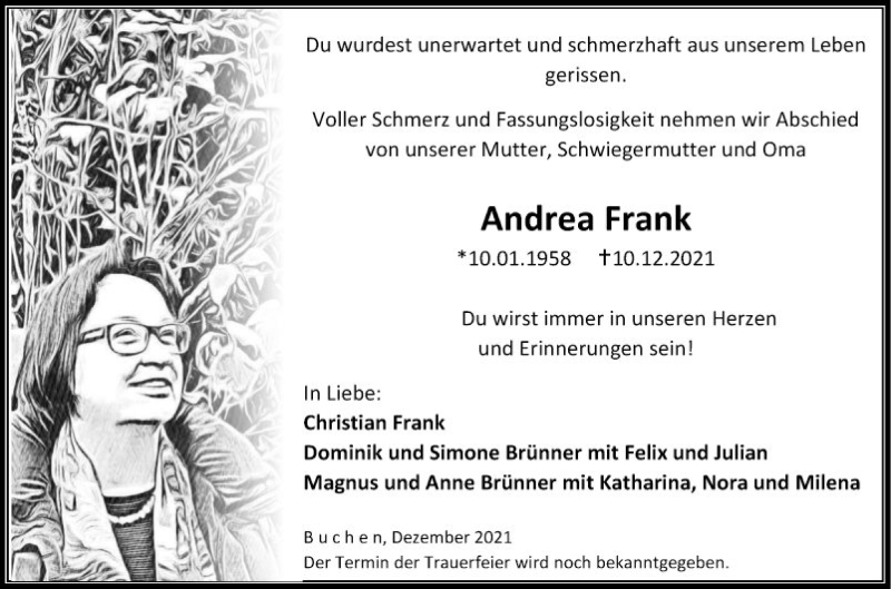  Traueranzeige für Andrea Frank vom 15.12.2021 aus Fränkische Nachrichten