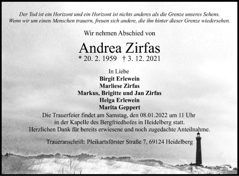 Traueranzeige für Andrea Zirfas vom 31.12.2021 aus Mannheimer Morgen