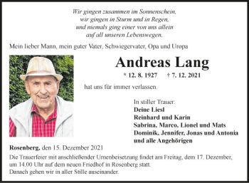 Traueranzeige von Andreas Lang von Fränkische Nachrichten