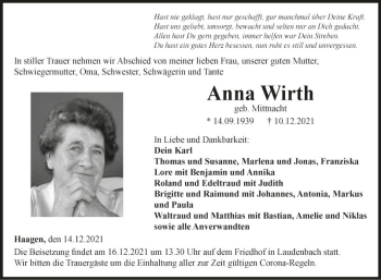 Traueranzeige von Anna Wirth von Fränkische Nachrichten