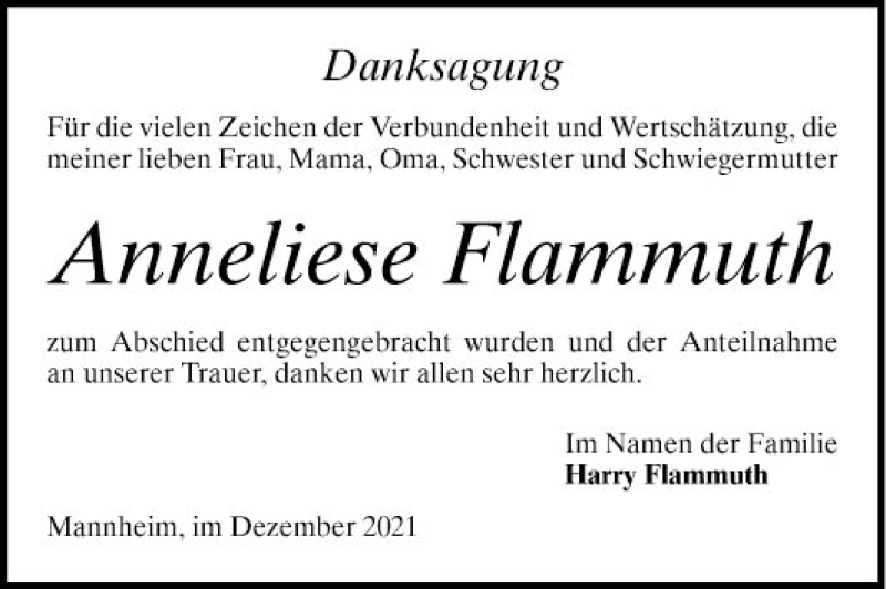  Traueranzeige für Anneliese Flammuth vom 18.12.2021 aus Mannheimer Morgen