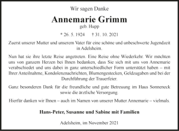 Traueranzeige von Annemarie Grimm von Fränkische Nachrichten