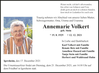 Traueranzeige von Annemarie Volkert von Fränkische Nachrichten