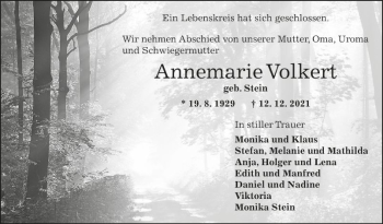 Traueranzeige von Annemarie Volkert von Fränkische Nachrichten