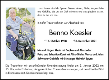 Traueranzeige von Benno Koesler von Bergsträßer Anzeiger