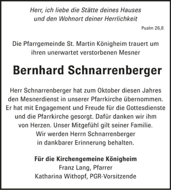 Traueranzeige von Bernhard Schnarrenberger von Fränkische Nachrichten